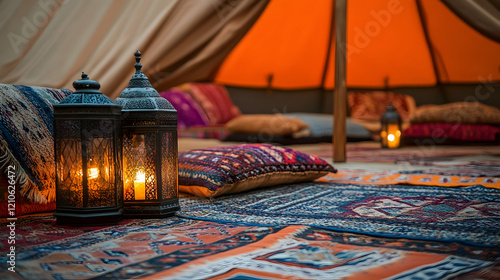 Vibrant shot of a Bedouin tent setup in the desert with traditional carpets, lanterns, and cushions creating a cozy atmosphere