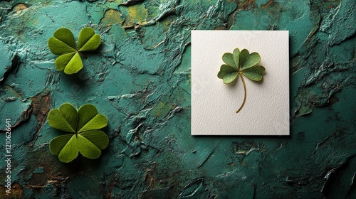 Decorative gold four-leaf clover plaque on an aged turquoise wall with peelin...