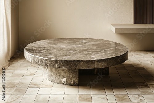 Modern round marble table showcased in minimalist living room setting with na...