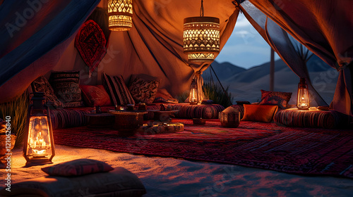 Vibrant shot of a Bedouin tent setup in the desert with traditional carpets, lanterns, and cushions creating a cozy atmosphere