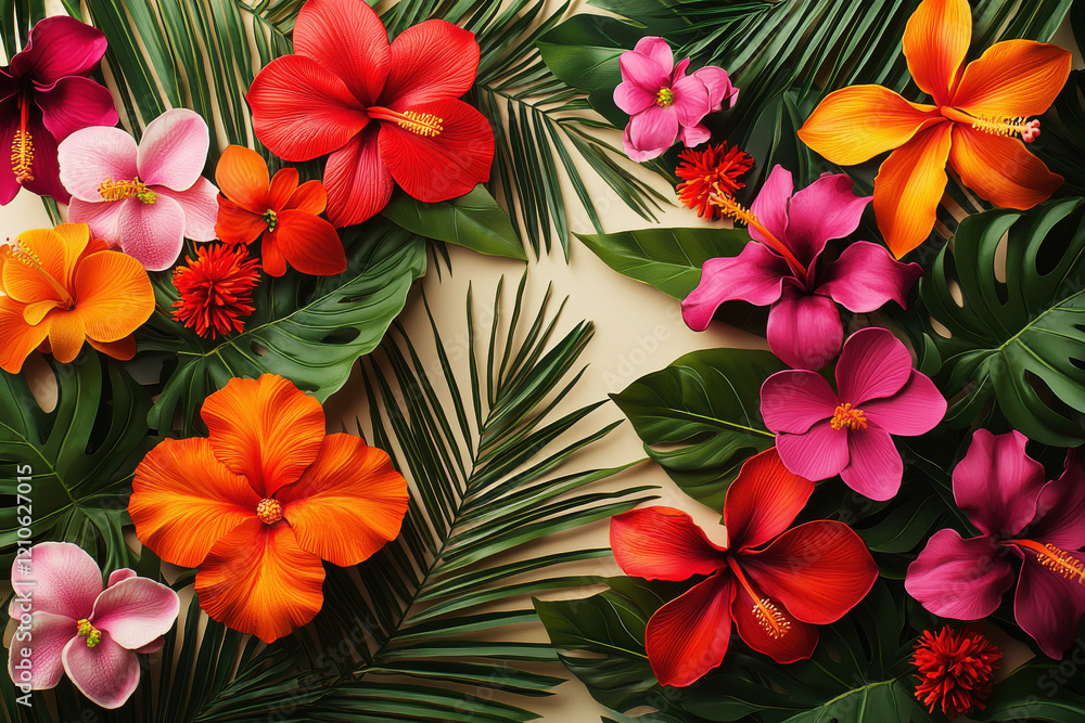 Vibrant tropical floral pattern with exotic orchids and hibiscus on soft ivory background Vibrant tropical floral pattern with exotic orchids and hibiscus on soft ivory background
