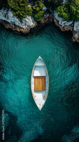 Mysterious boat in foggy lake reflecting calm water at dawn