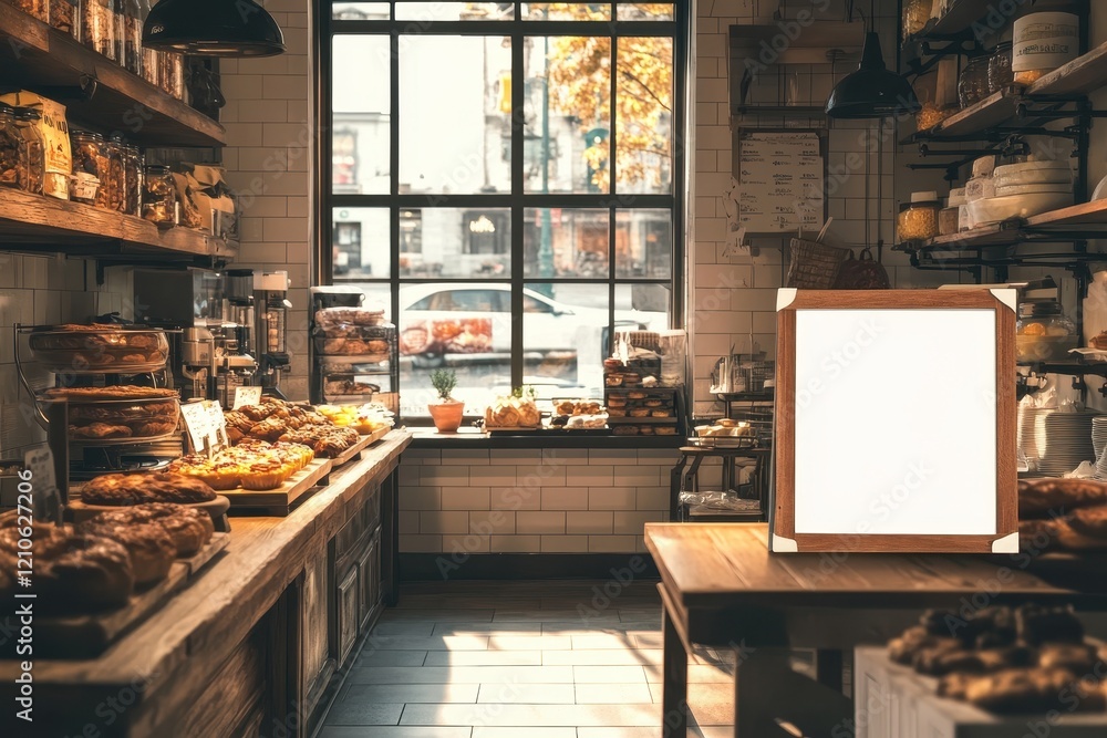 Warm and inviting bakery filled with fresh pastries and the serene glow of autumn sunlight Warm and inviting bakery filled with fresh pastries and the serene glow of autumn sunlight