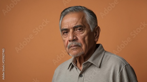 elderly hispanic male in casual wear on pastel color background model portrait looking serious for ad concept space for text