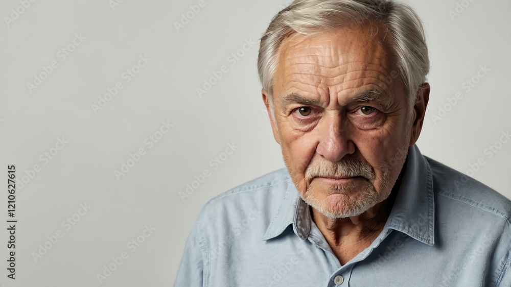 elderly caucasian male in casual wear on white background model portrait looking serious for ad concept space for text elderly caucasian male in casual wear on white background model portrait looking serious for ad concept space for text