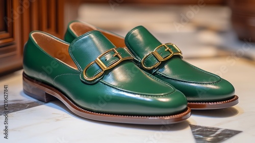 Stylish green leather shoes with buckle placed on a checkered floor
