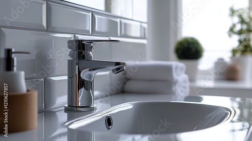 Elegant bathroom sink with modern fixtures and fresh floral arrangements