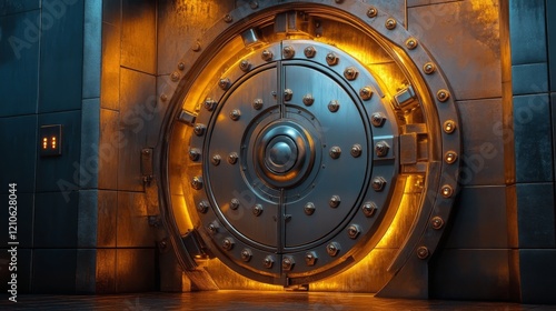 Futuristic metallic chamber with luminous blue lights and intricate design at...