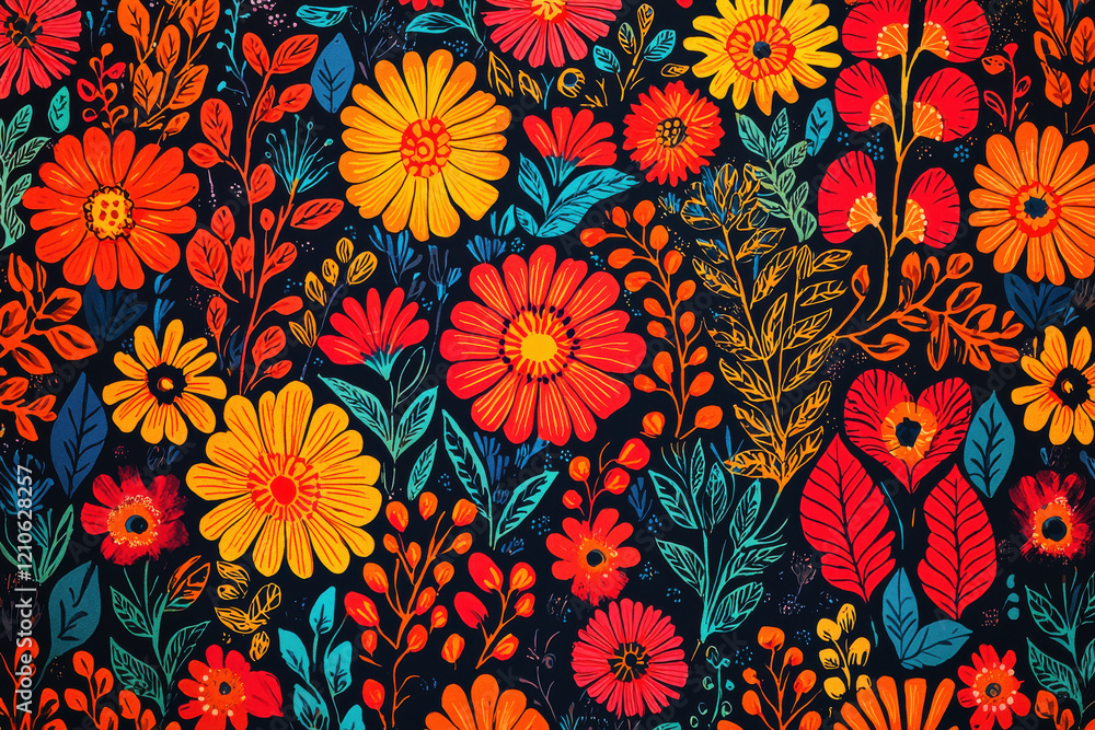 Vibrant Indian textile-inspired pattern with bold floral and geometric designs in red, orange, and yellow Vibrant Indian textile-inspired pattern with bold floral and geometric designs in red, orange, and yellow