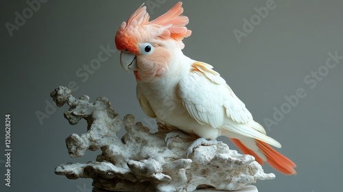 Beautiful cockatoo perched gracefully on a decorative rock against a neutral ...