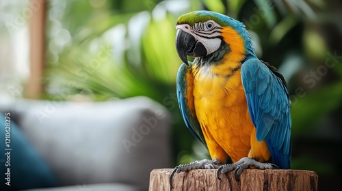 Beautiful cockatoo perched gracefully on a decorative rock against a neutral ...
