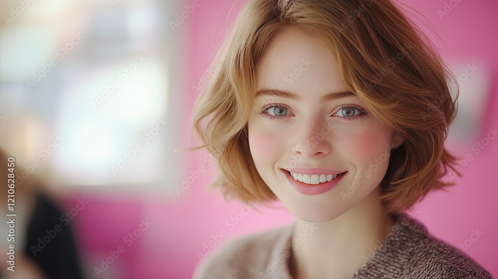 close up cheerful Caucasian young girl face , kid fashion portrait, light makeup with pink background close up cheerful Caucasian young girl face , kid fashion portrait, light makeup with pink background