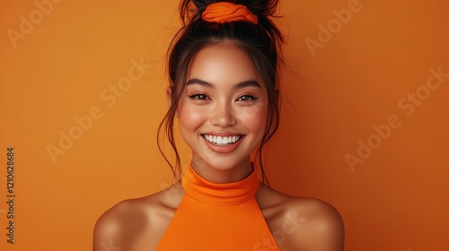 retro vintage  90s style woman face portrait, happy optimistic vibes, pretty Asian young woman wearing orange dress on orange wll  photo