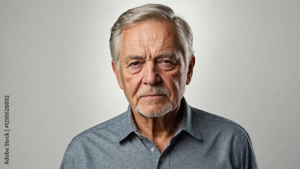 elderly american male in casual wear on white background model portrait looking serious for ad concept space for text elderly american male in casual wear on white background model portrait looking serious for ad concept space for text