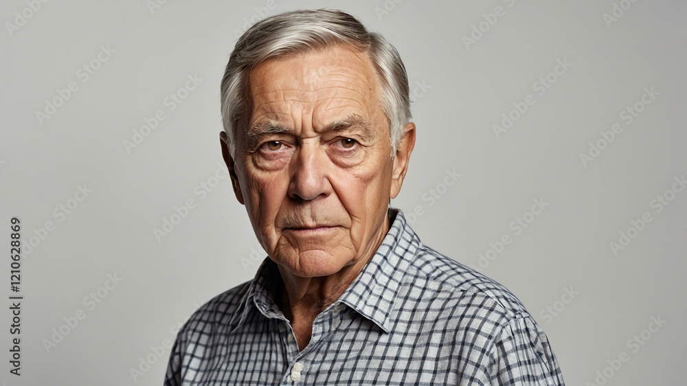 elderly american male in casual wear on white background model portrait looking serious for ad concept space for text elderly american male in casual wear on white background model portrait looking serious for ad concept space for text