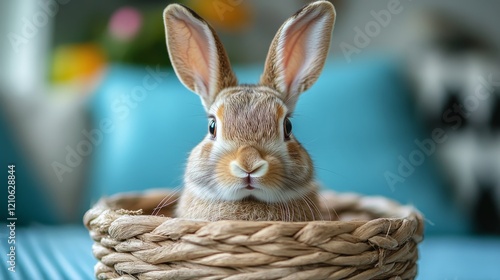 Rabbit surrounded by autumn leaves in a woven basket creating a cozy atmosphere
