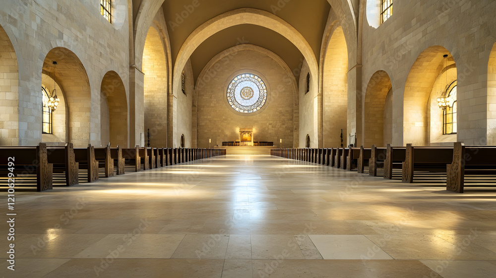 Obraz premium Magnificent Cathedral Interior With Grand Archways and Stained Glass Windows : Generative AI