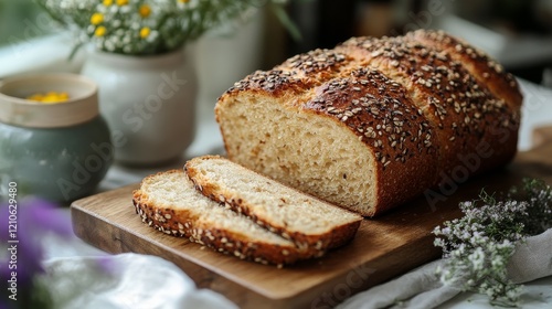 Freshly baked sourdough bread on a wooden cutting board with a cup of coffee ...
