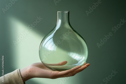 Hand holding a clear glass vase with a rounded shape against a neutral backgr...