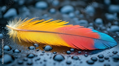Brightly colored feather with reflections on a dark background showcasing nat...