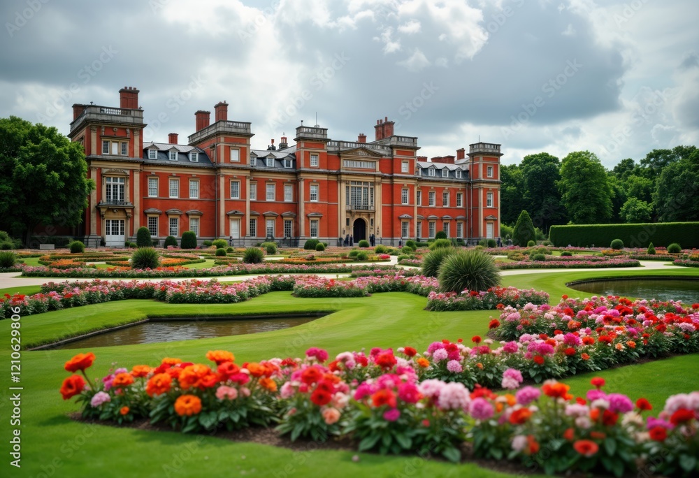 Obraz premium Large red brick palace stands in beautiful gardens. Flowerbeds filled with vibrant colorful flowers. Landscaped green plants surrounds building. Formal gardens display well-maintained lawns, paths.