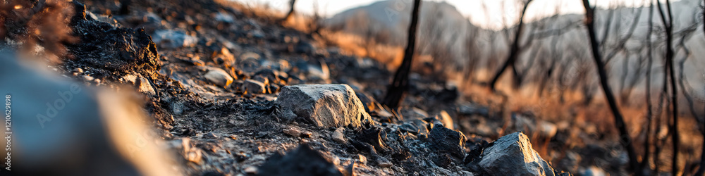 Post-Wildfire Landscape: Scorched Earth and Charred Trees Post-Wildfire Landscape: Scorched Earth and Charred Trees