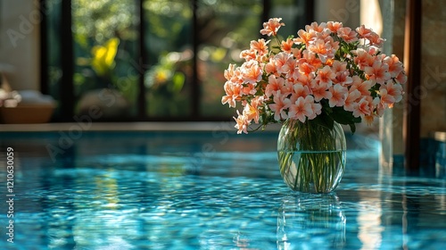 Beautiful bouquet of flowers floating in serene swimming pool beside elegant ...