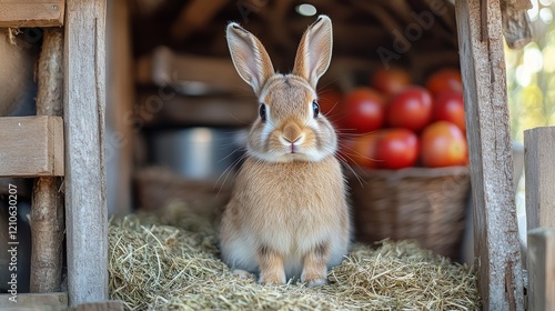Cute rabbit resting on a wooden shelf in a cozy home with a view of greenery ...