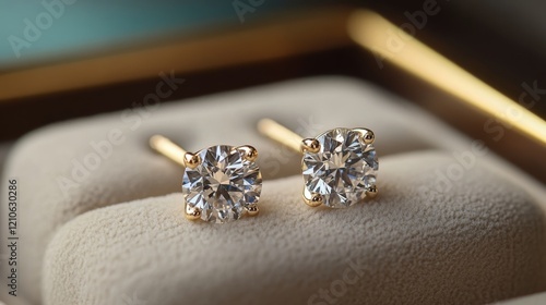 Elegant gold stud earrings featuring sparkling clear gemstones on plush display