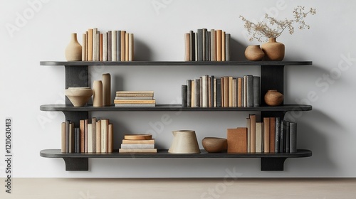Beautiful collection of handmade pottery displayed on wooden shelves in a min...