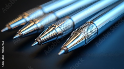 Various black writing instruments lined up on a dark surface highlighting dif...