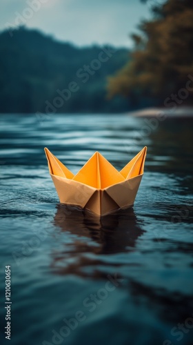 Paper boat floating on calm water at sunset reflecting mountains in the backg...