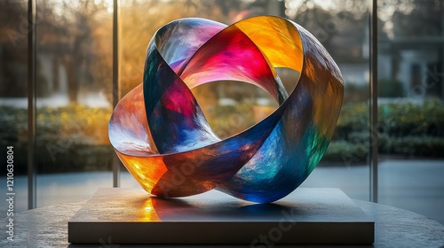 Colorful abstract sculpture displayed in natural light during late afternoon