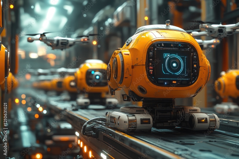Industrial robots moving along train tracks, possible industrial automation scenario Industrial robots moving along train tracks, possible industrial automation scenario