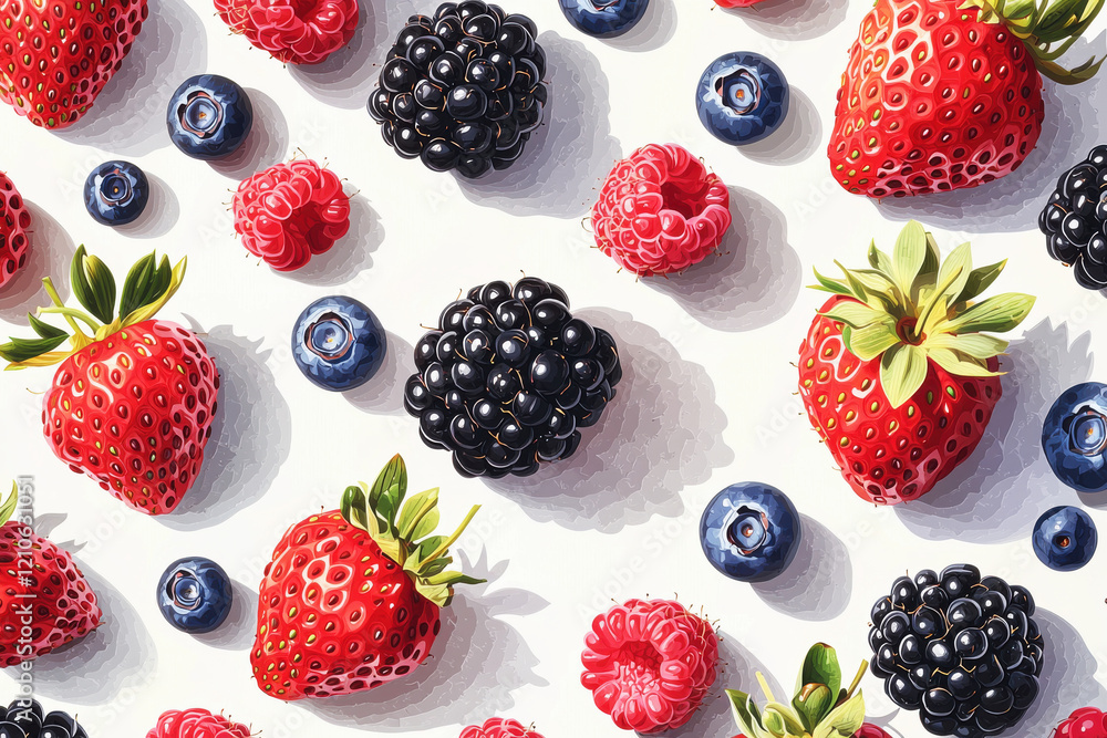 Vibrant pattern featuring fresh strawberries, blueberries, raspberries, and blackberries on a clean white backdrop Vibrant pattern featuring fresh strawberries, blueberries, raspberries, and blackberries on a clean white backdrop