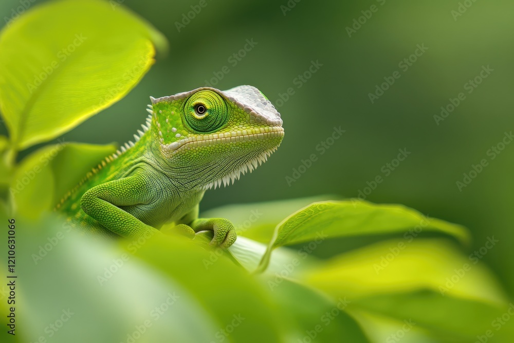 Portrait of a Small Chameleon on a White Background with Vibrant Green Hues Portrait of a Small Chameleon on a White Background with Vibrant Green Hues