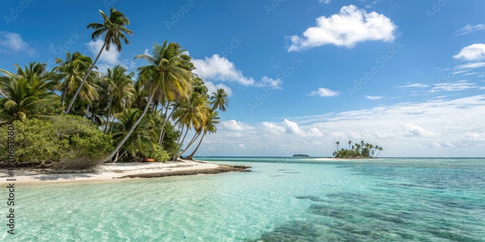 A stunning view of a tropical island with palm trees crystal clear waters and a blue sky, paradise, beautiful, water, ocean, scenery A stunning view of a tropical island with palm trees crystal clear waters and a blue sky, paradise, beautiful, water, ocean, scenery