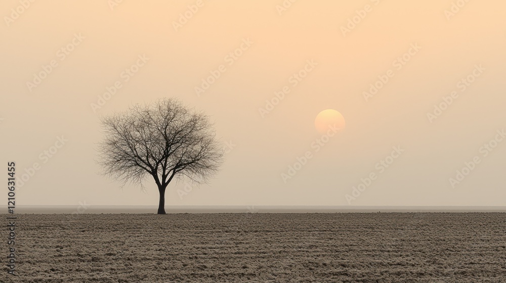 Obraz premium Lonely tree at sunrise in a foggy field