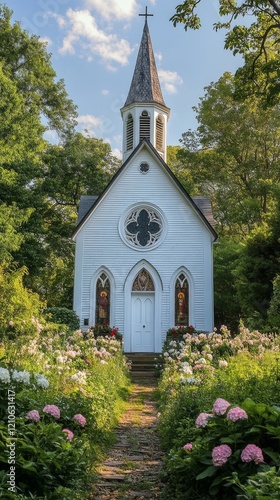 Charming white church surrounded by vibrant flowers in a serene garden settin...