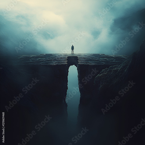 A dramatic and metaphorical wide-shot image of a broken bridge symbolizing a life that cannot mend. The bridge is split in the middle, with its two halves hanging precariously over a deep, fog-filled photo