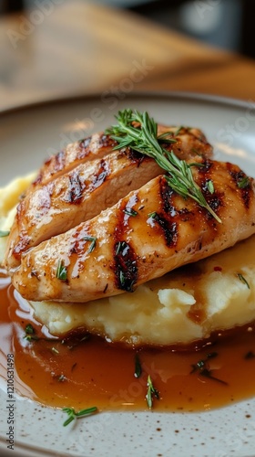 Delicious grilled chicken breast served on creamy mashed potatoes with fresh ...