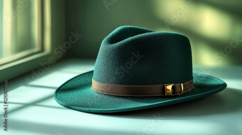 Green felt hat resting on a table with natural light illuminating the scene a...