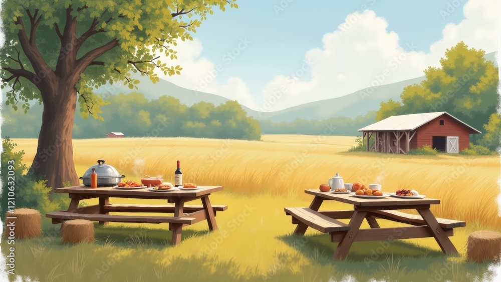 Obraz premium The image is a digital illustration of a picnic scene in a field. The field is covered in tall grass and there is a large tree on the left side of the image.