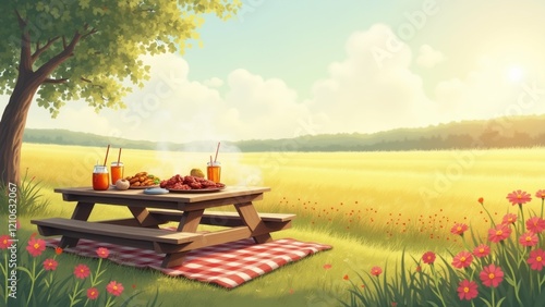 Wallpaper Mural The image is a digital illustration of a picnic in a field. The field is filled with tall grass and wildflowers, and there is a large tree on the left side of the image. Torontodigital.ca