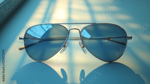 Stylish aviator sunglasses with blue reflective lenses on a dark background