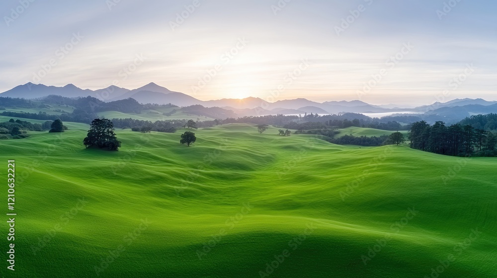 Fototapeta premium Rolling green hills stretch towards distant mountains under a soft sunrise sky in a peaceful rural landscape.
