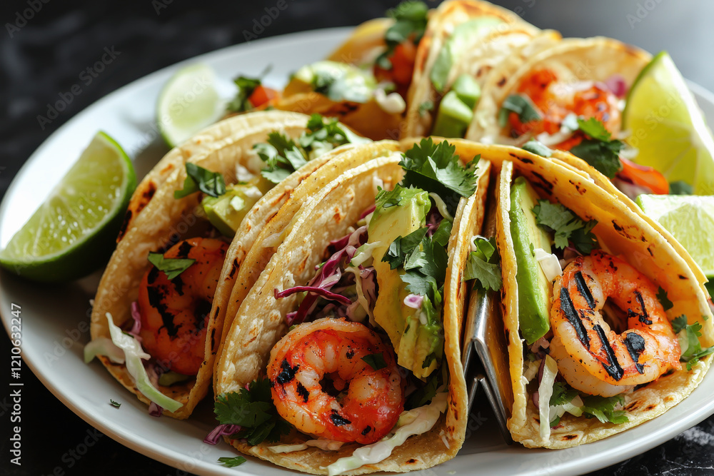 Soft-shell tacos filled with grilled shrimp, fresh slaw, and avocado, served with lime wedges and cilantro in vibrant lighting Soft-shell tacos filled with grilled shrimp, fresh slaw, and avocado, served with lime wedges and cilantro in vibrant lighting