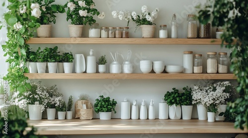 Rustic pottery collection displayed on wooden shelves in an ambient interior ...