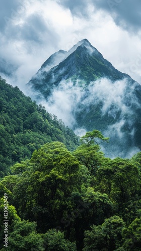 Majestic mountain peak surrounded by lush green forest and misty clouds in a ...