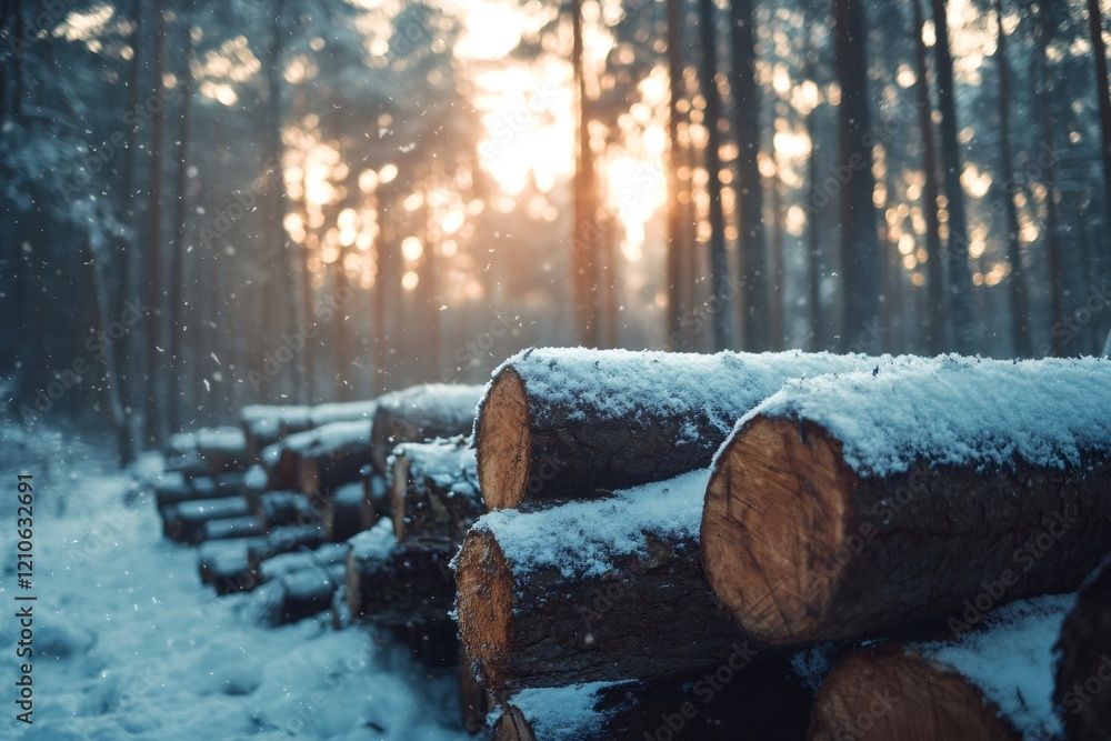 Snow falling on stacked logs in winter forest at sunset Snow falling on stacked logs in winter forest at sunset
